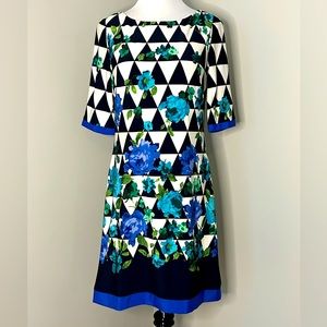 ELIZA J Abstract Floral Print Shift Dress Womens Size 6 Black White Blue